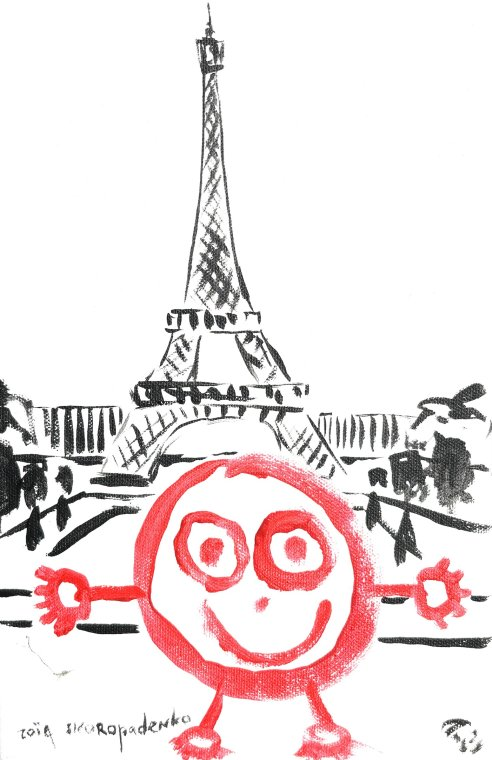 Painting of a red round figure with arms out in front of the Eiffel Tower, signed Zoia Skoropadenko